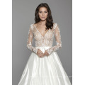 New Arrival Embroidered Lattice Lace Bodice V Neckline with Nude Detailed Long Sleeves Wedding Dress with Full Box Pleated Skirt and Chapel Train